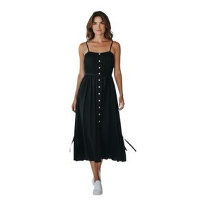 Miguelina Black Silk Spaghetti Strap Button-Front Midi Dress Size Small